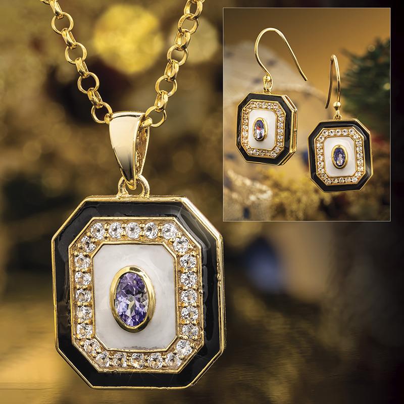 Deco Continental Pendant, Chain & Earrings